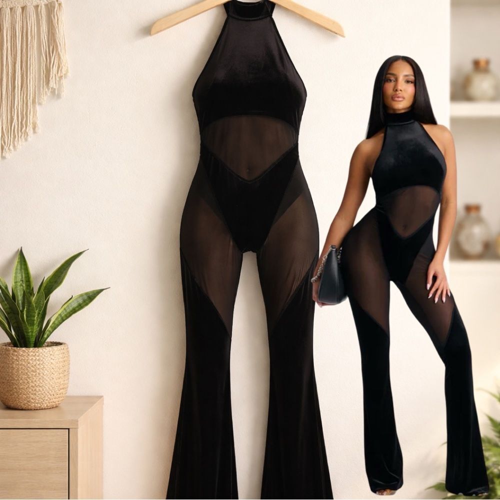 🛍️ Women’s black Contrast Mesh Sheer Halter Neck Backless Flare Jumpsuit LG XL